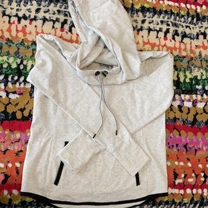 Athleta cowl neck hoodie light heather gray with black trim, size medium